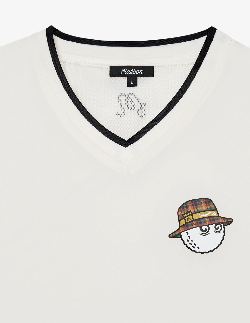 Detail shot of front of Bushmills x Malbon white vest