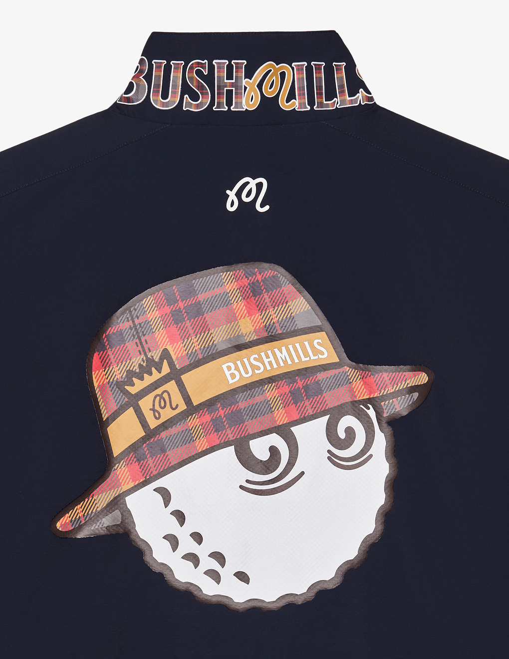 Detail shot of back of Bushmills x Malbon windshirt with Buckets cartoon graphic.