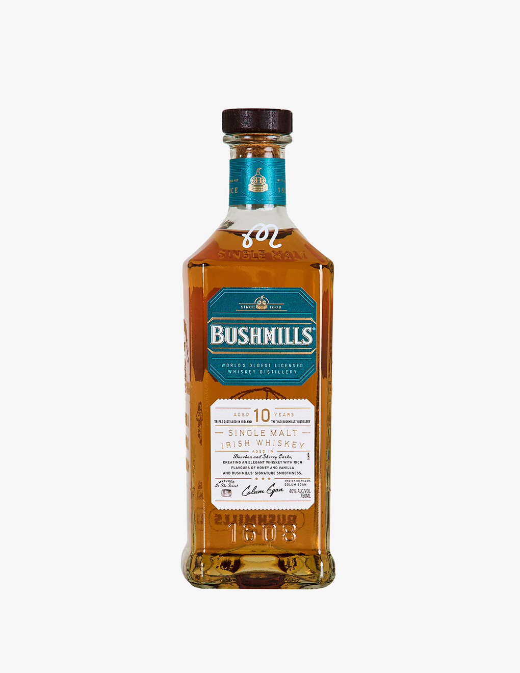 Bushmills x Malbon 10 Year Single Malt with engraving featured on front.