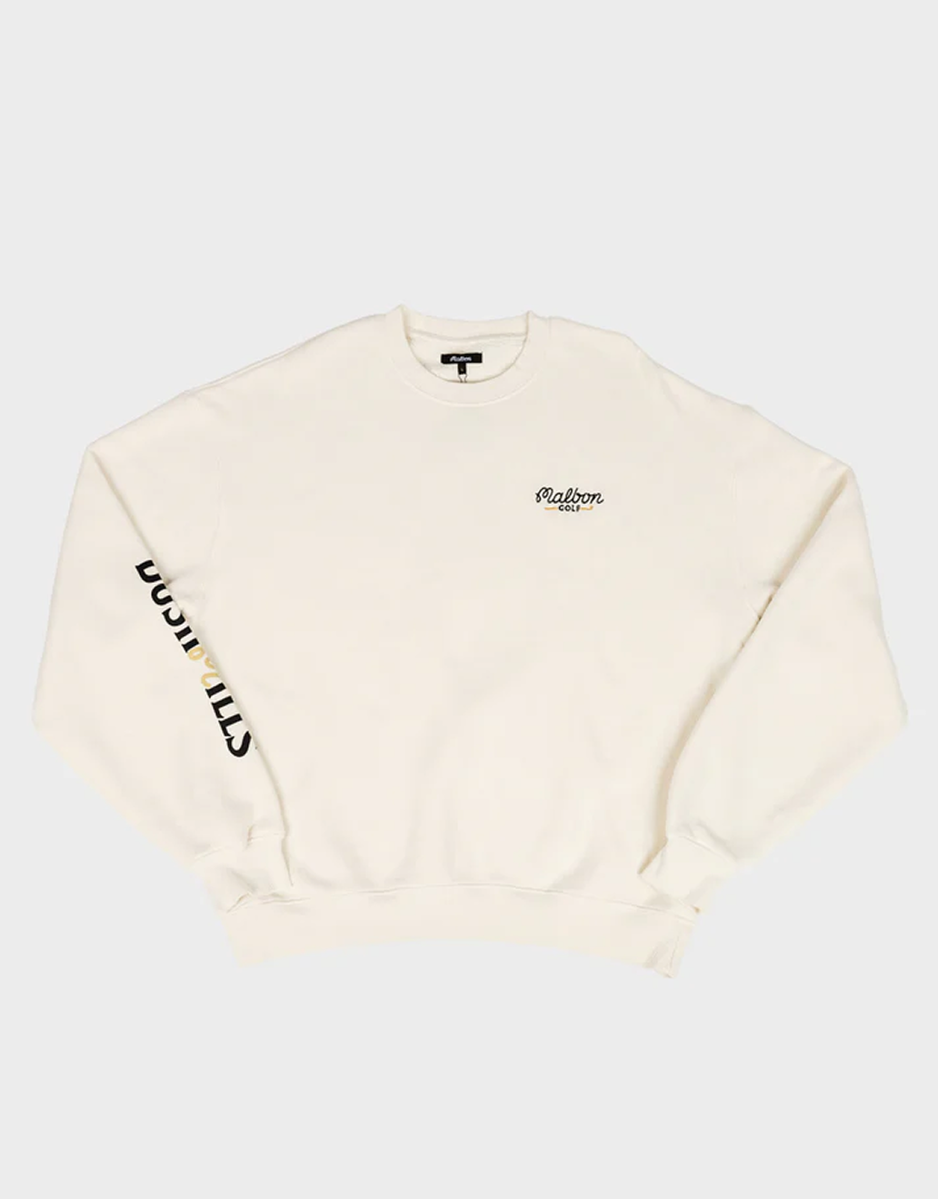 Front view of Bushmills x Malbon white crewneck.