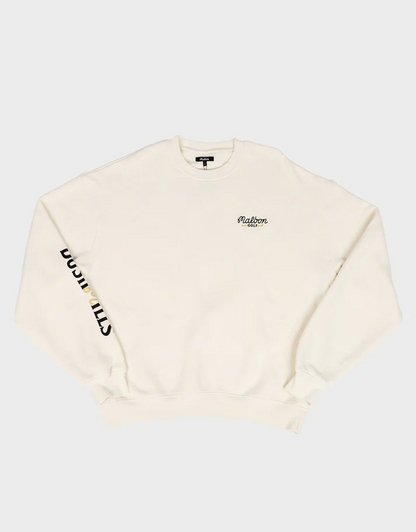Front view of Bushmills x Malbon white crewneck.