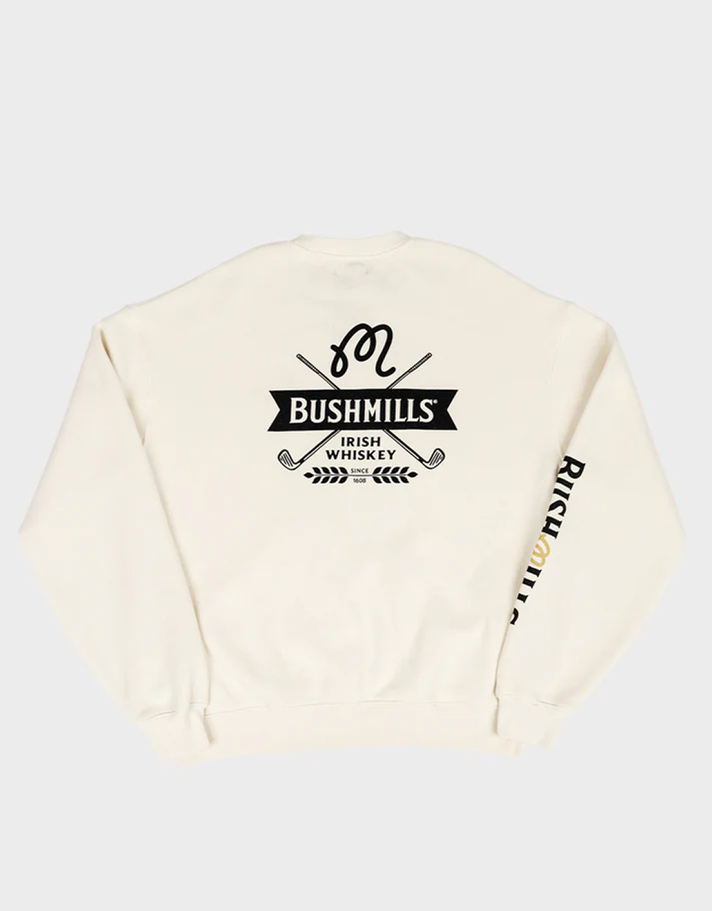 Back view of Bushmills x Malbon white crewneck.