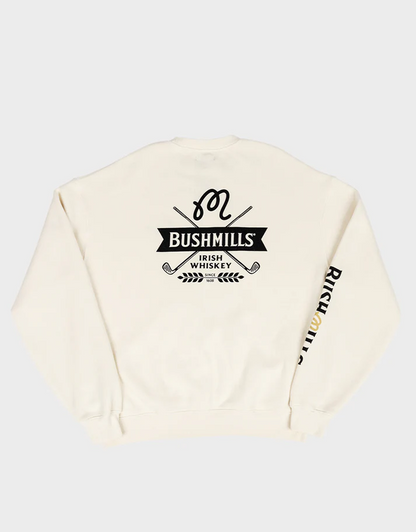 Back view of Bushmills x Malbon white crewneck.