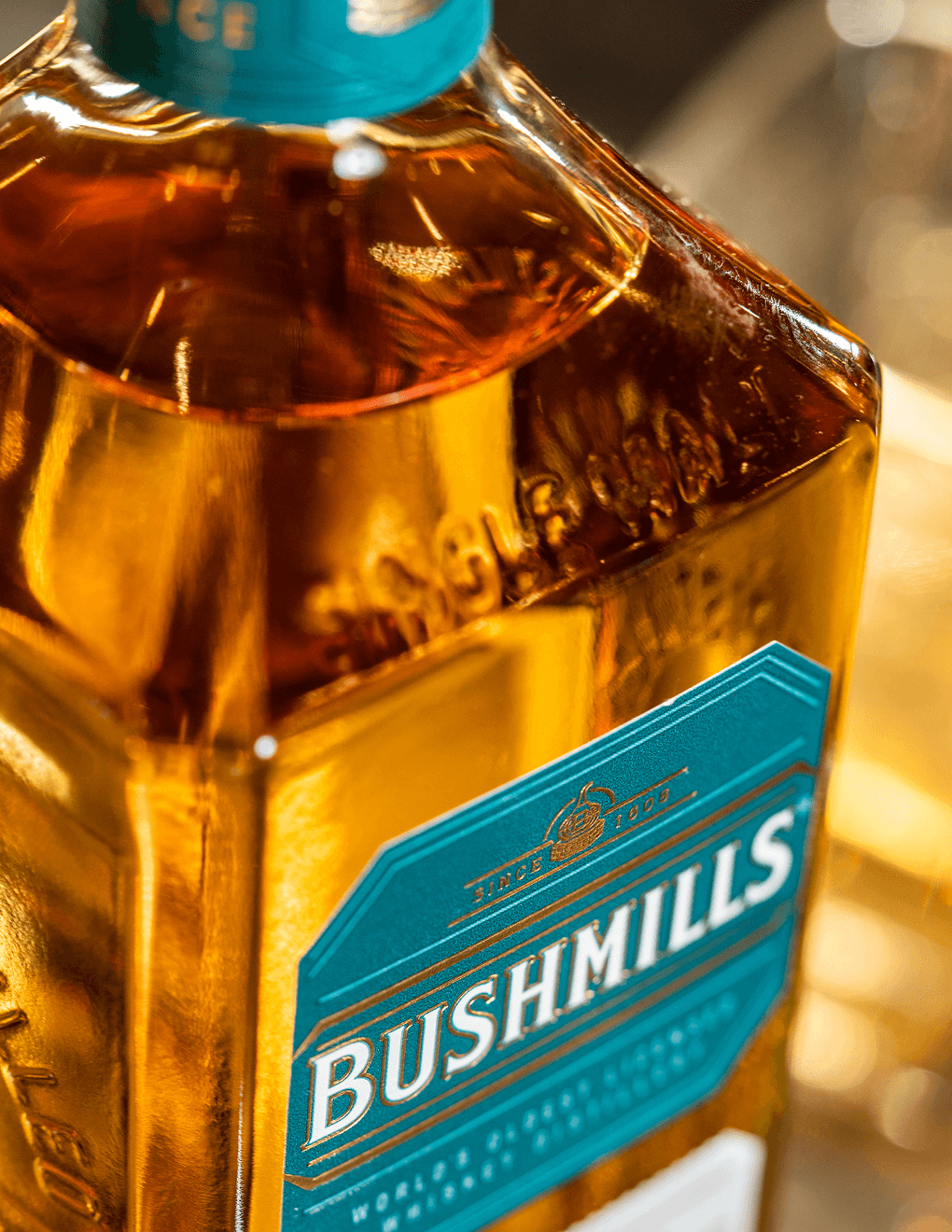 Close up image of Bushmills 10Y bottle.