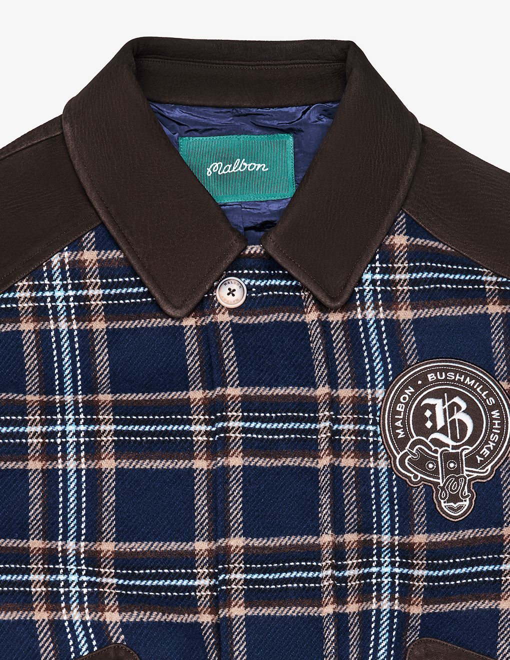 Close up of Bushmills X Malbon Wool & Leather Jacket.