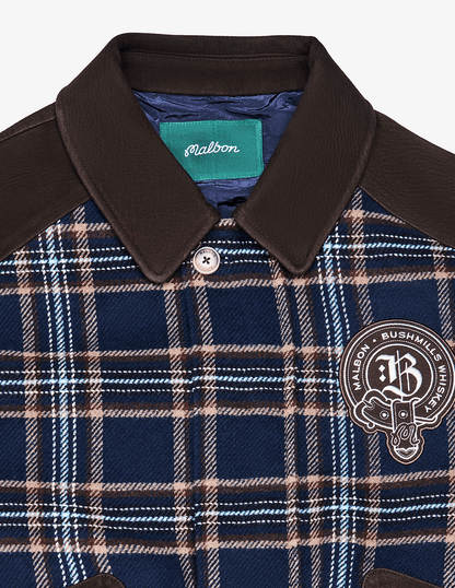 Close up of Bushmills X Malbon Wool & Leather Jacket.